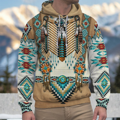 Tribal Beaded Headdress Hoodie – Turquoise & Feather Pattern