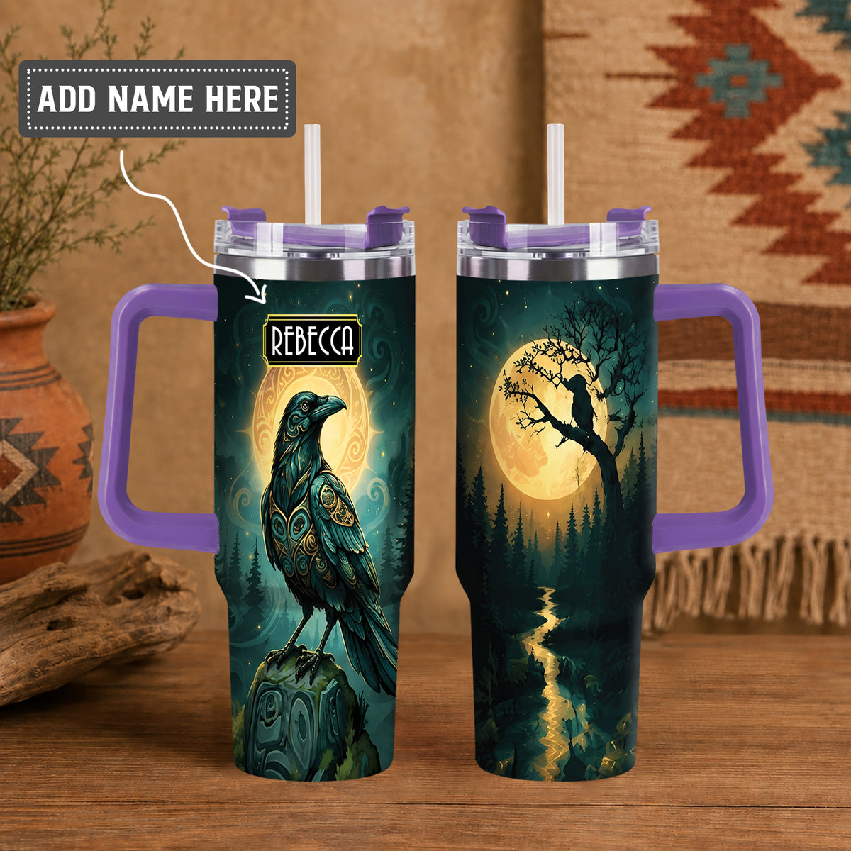 Raven Midnight Forest Personalized Tumbler