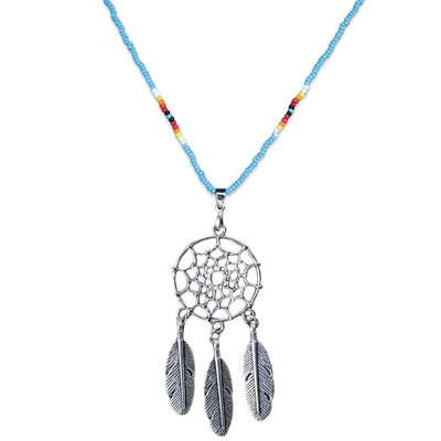SALE 50% OFF - Long Silver Dreamcatcher Red Petals Handmade Beaded Necklace For Women With Native American Style