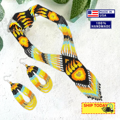 SALE 50 %OFF - Orange Black Fire Seed Beaded Necklace Earrings  Bear Paw Beadwork