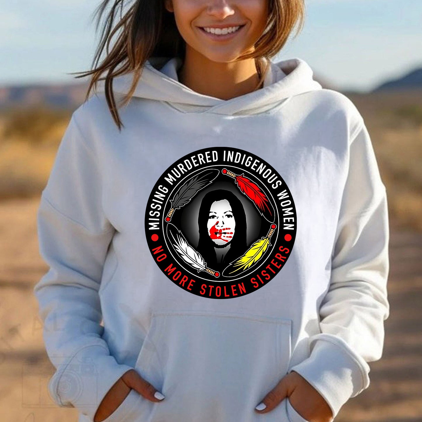 MMIW No More Stolen Sisters Feather Color Red Hand Unisex T-Shirt/Hoodie/Sweatshirt