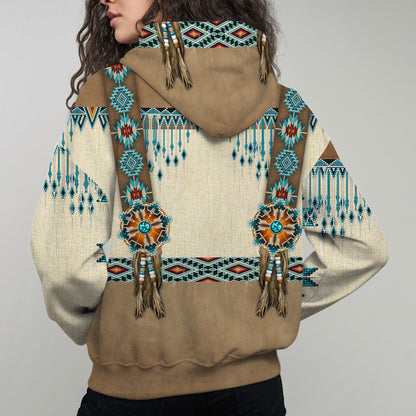 Tribal Beaded Headdress Hoodie – Turquoise & Feather Pattern