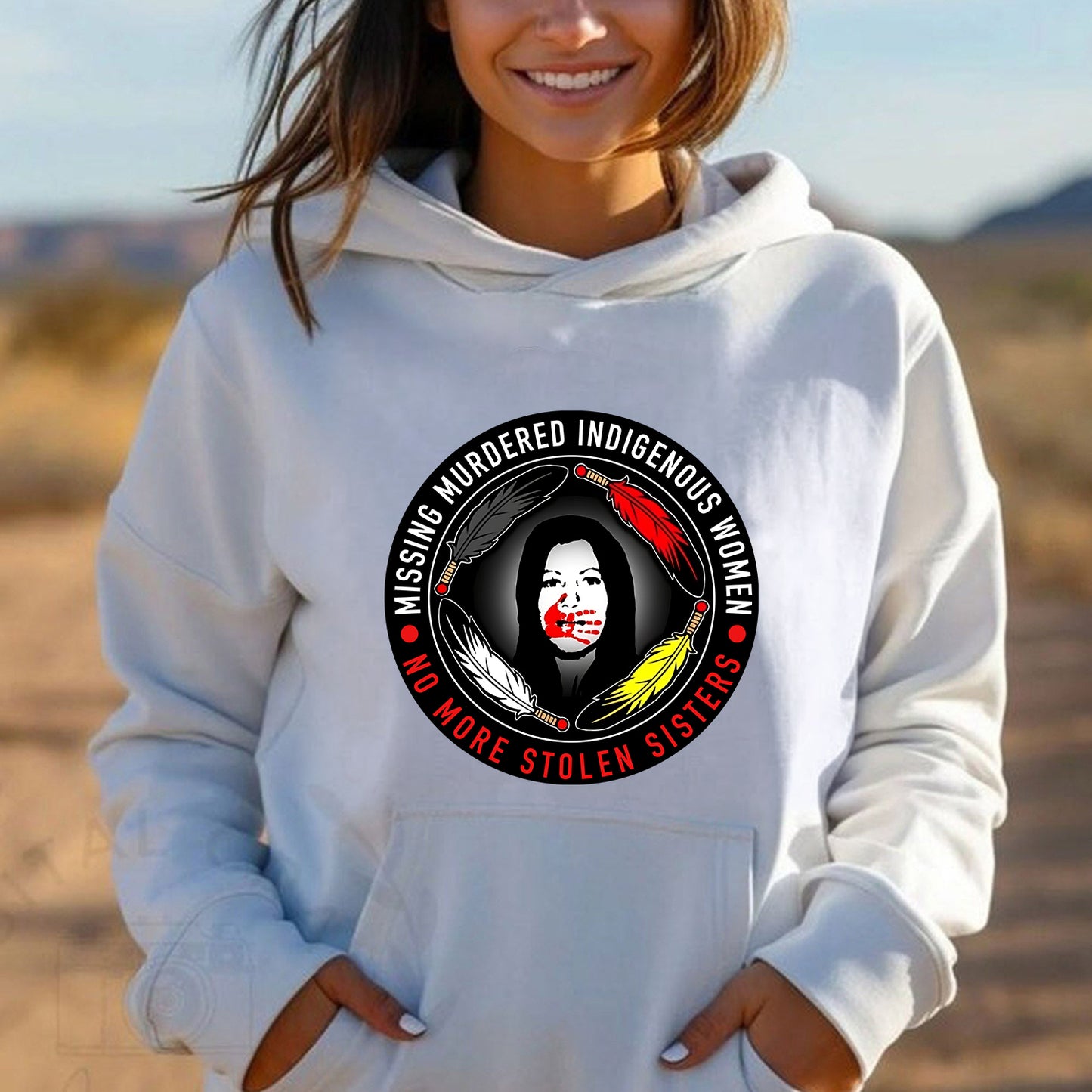 MMIW - Missing Murdered Indigenous Women No More Stolen Sisters Feather Color Red Hand Women Shirt