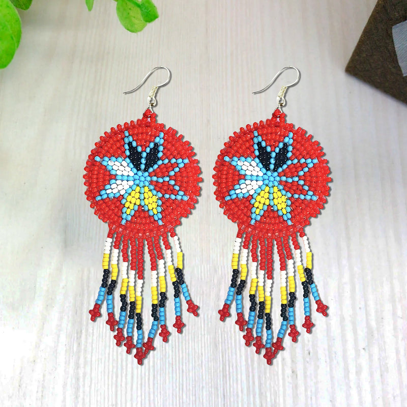 SALE 50% OFF - Red 4 Directions Round Fringe Beaded Handmade Earrings For Women