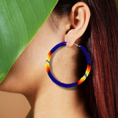 SALE 50% OFF - Pattern  Deep Blue Hoop Beaded Handmade Earrings For Women