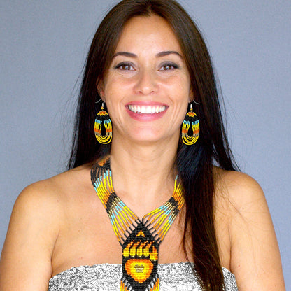 SALE 50 %OFF - Orange Black Fire Seed Beaded Necklace Earrings  Bear Paw Beadwork