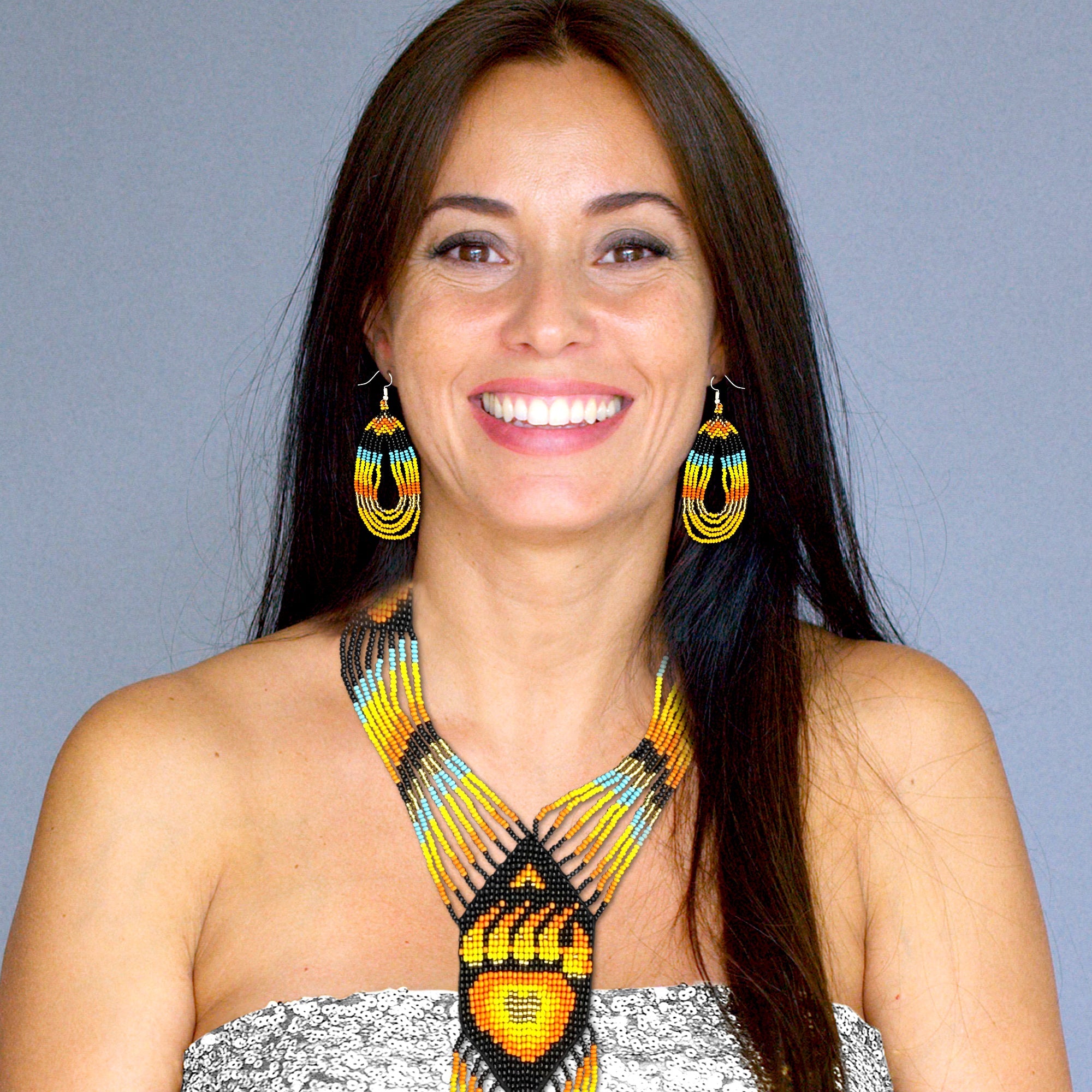 SALE 50 %OFF - Orange Black Fire Seed Beaded Necklace Earrings  Bear Paw Beadwork