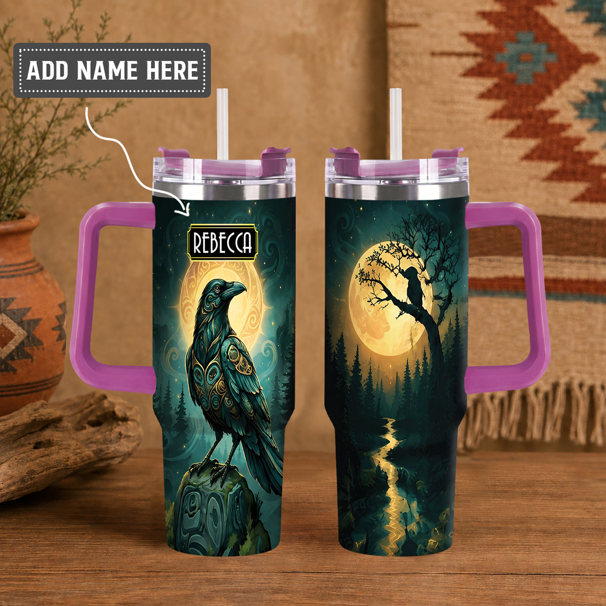 Raven Midnight Forest Personalized Tumbler