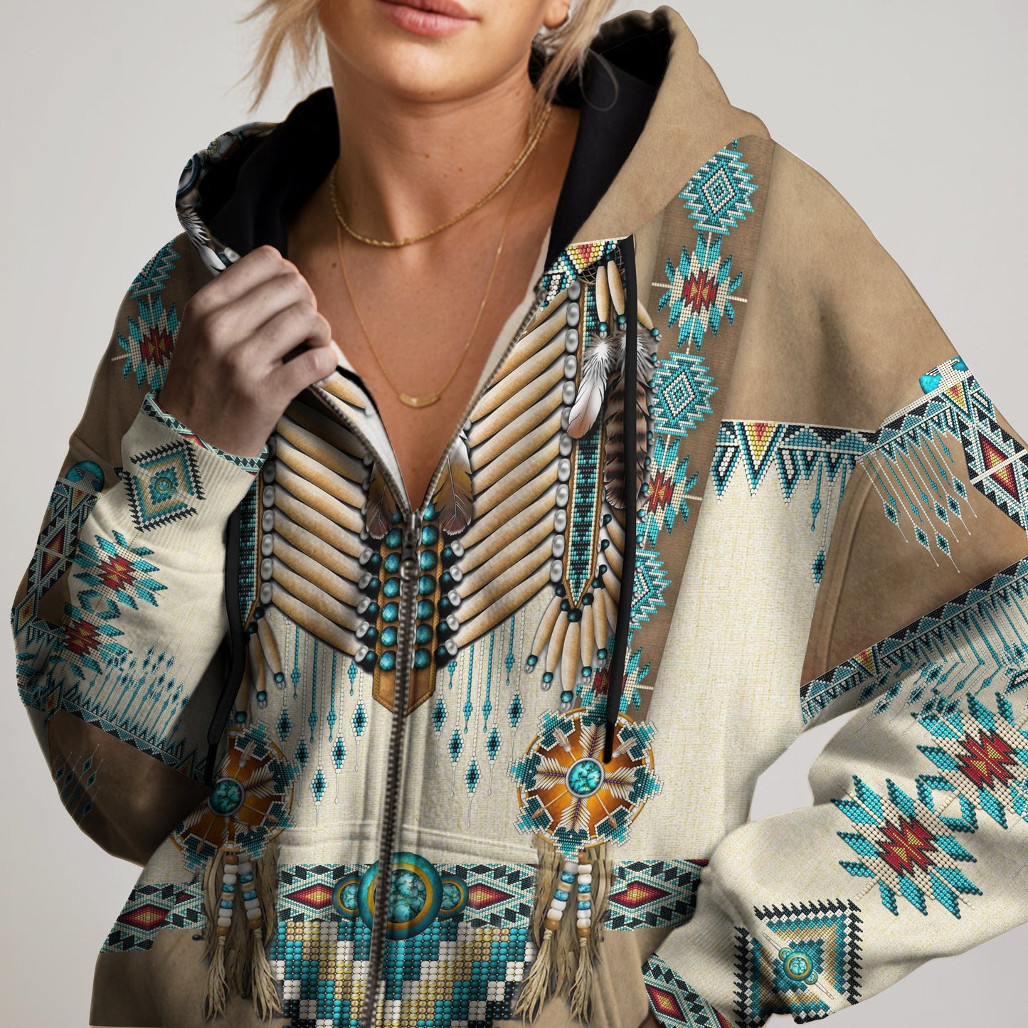 Tribal Beaded Headdress Hoodie – Turquoise & Feather Pattern