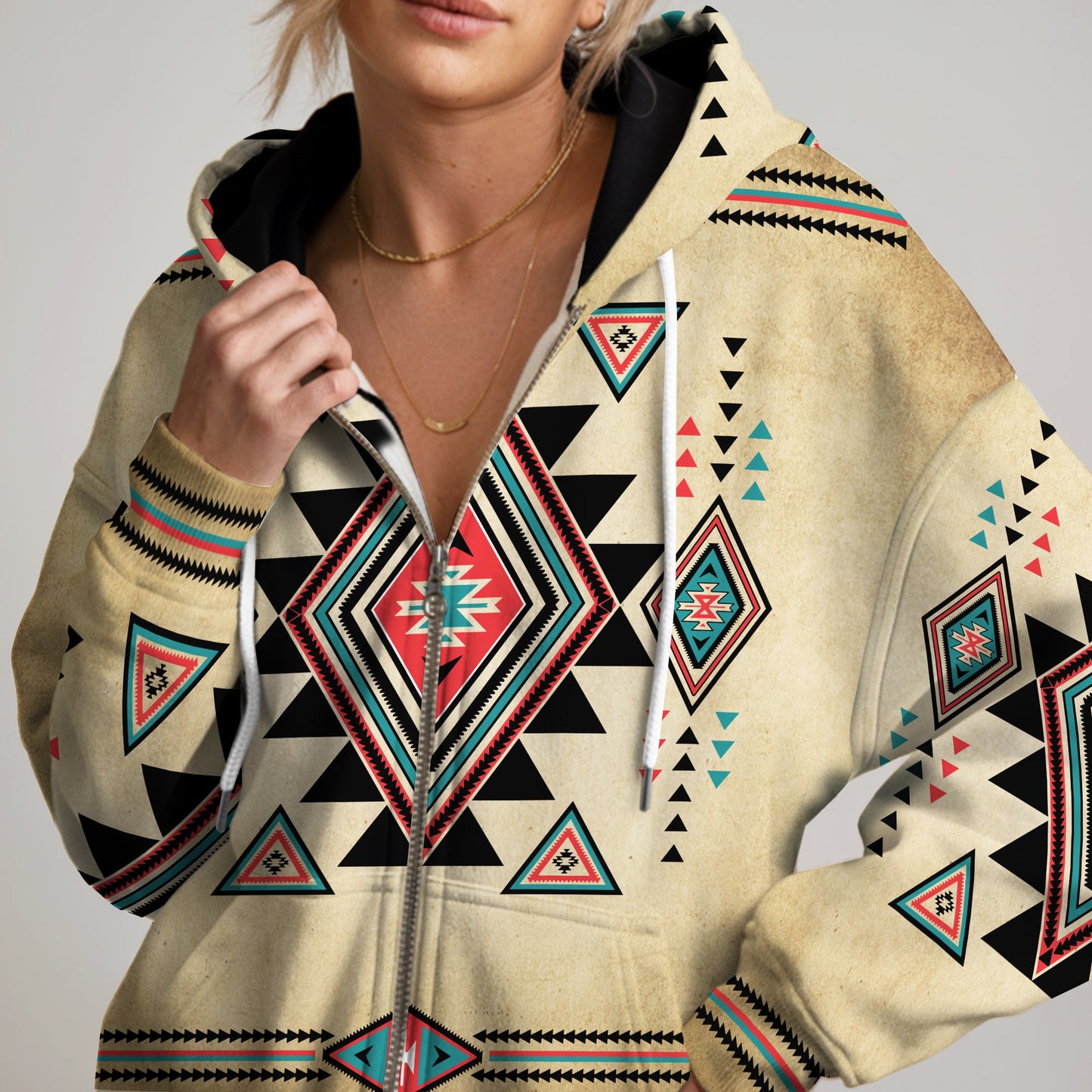 Native Geometric Print Hoodie – Desert Tones & Tribal Vibes