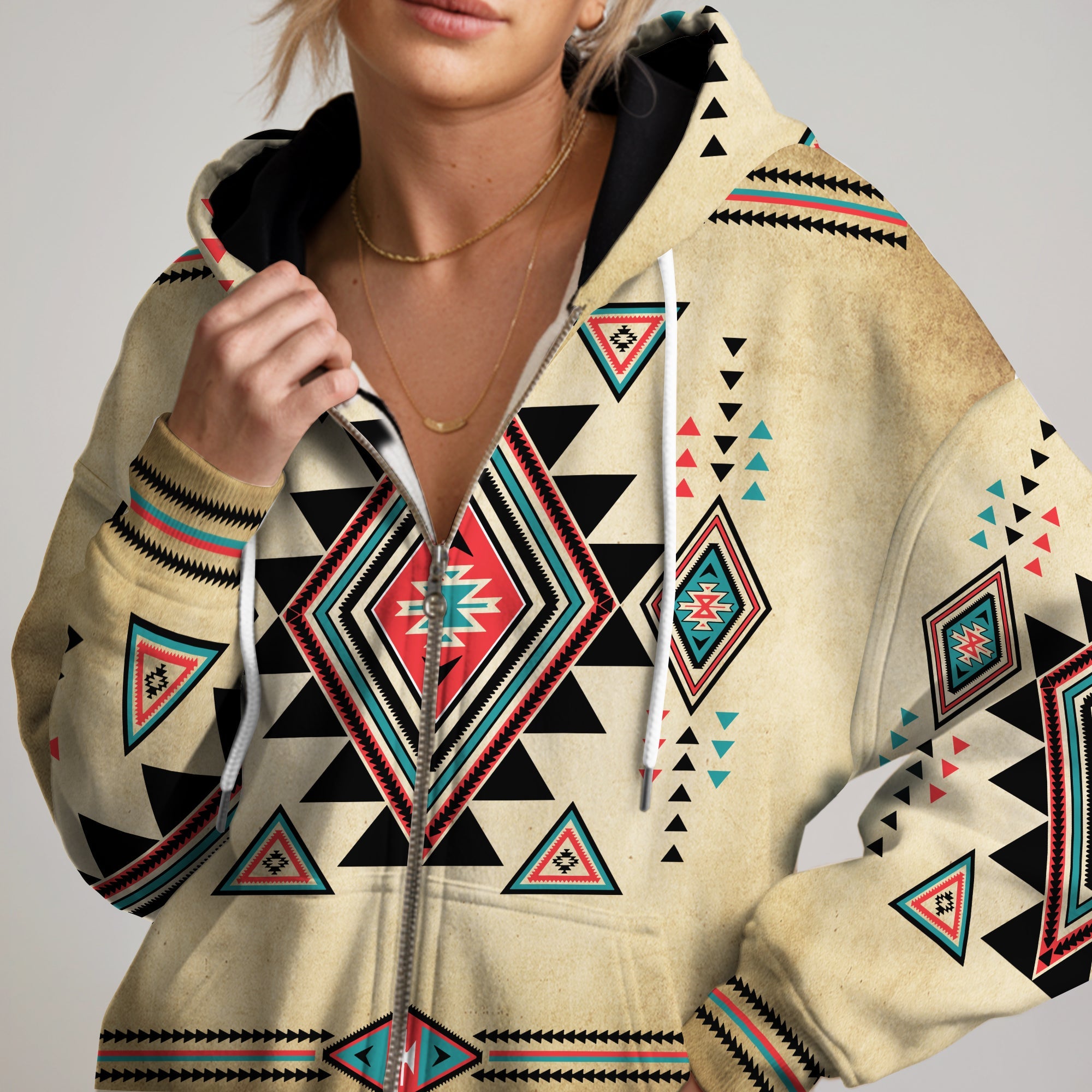 Native Geometric Print Hoodie – Desert Tones & Tribal Vibes