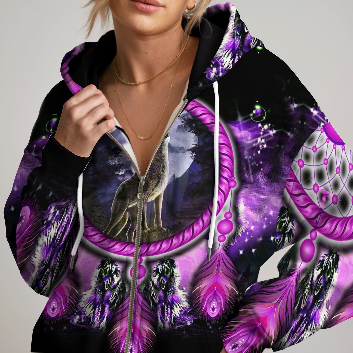 Wolf Dreamcatcher Hoodie – Purple Tribal Moon Howl Design