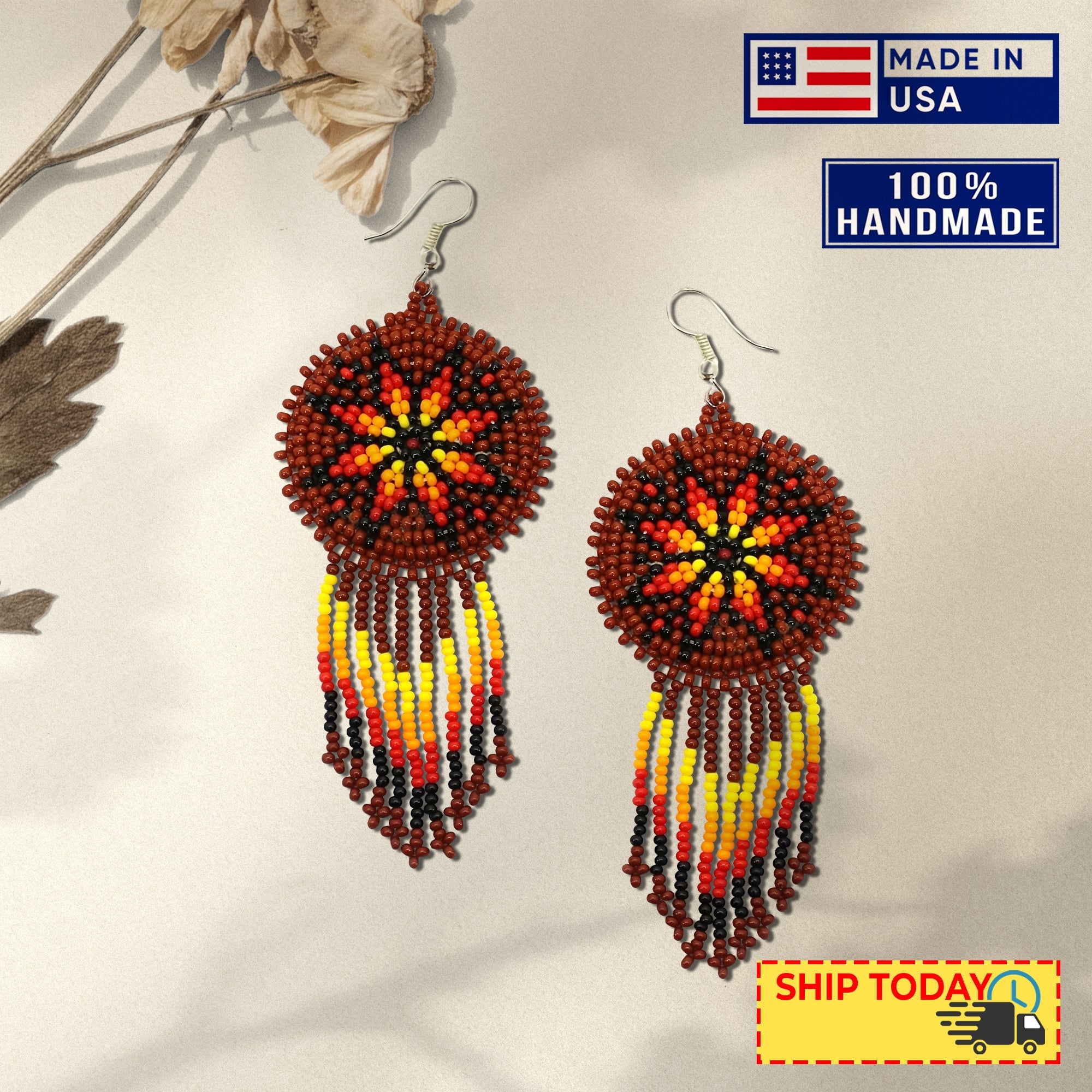 SALE 50% OFF -  Brown Fire Color Flower Round Beaded Handmade Earrings For Women