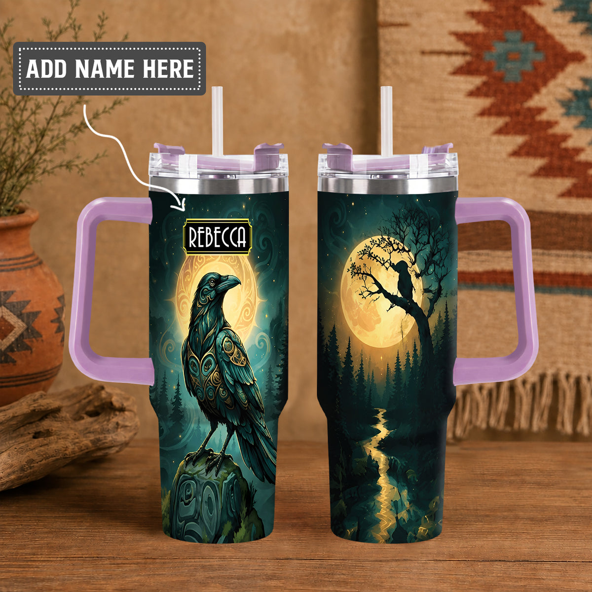 Raven Midnight Forest Personalized Tumbler