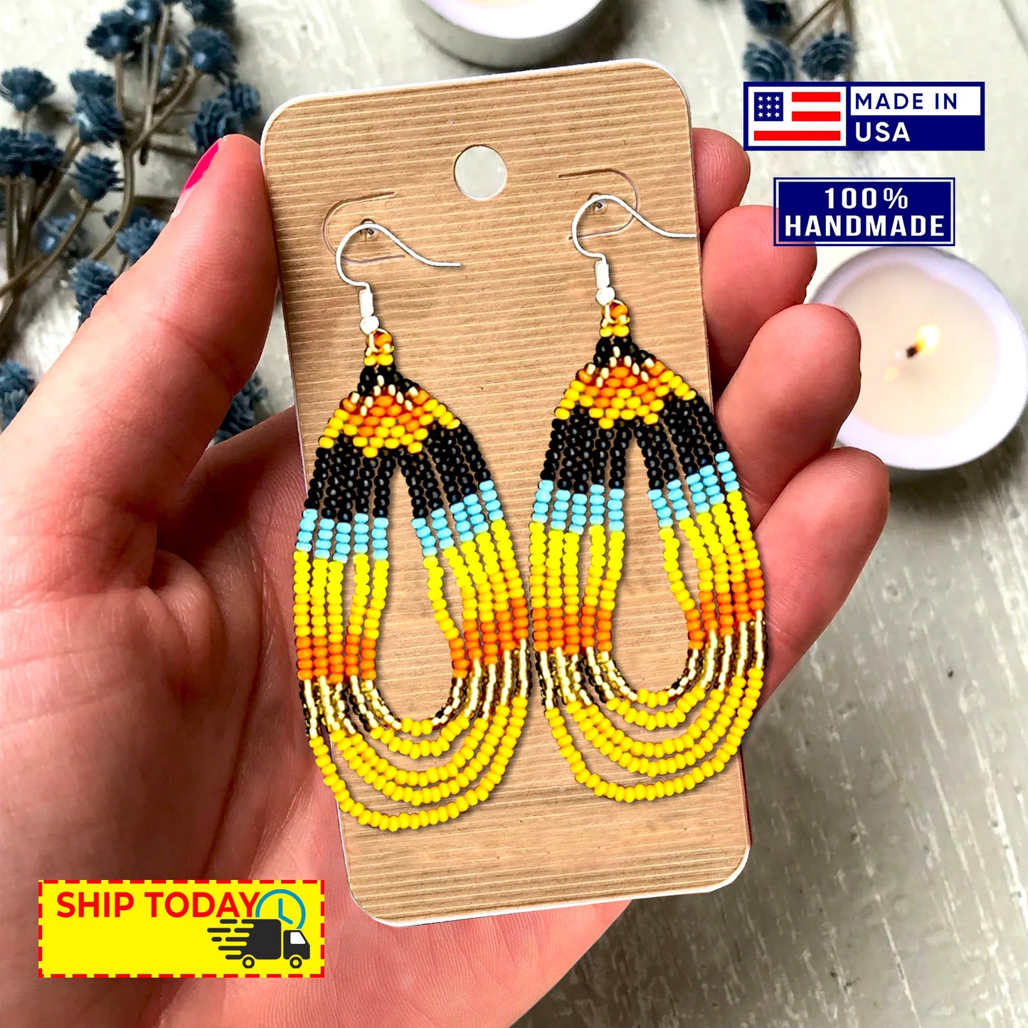 SALE 50 %OFF - Orange Black Fire Seed Beaded Necklace Earrings  Bear Paw Beadwork