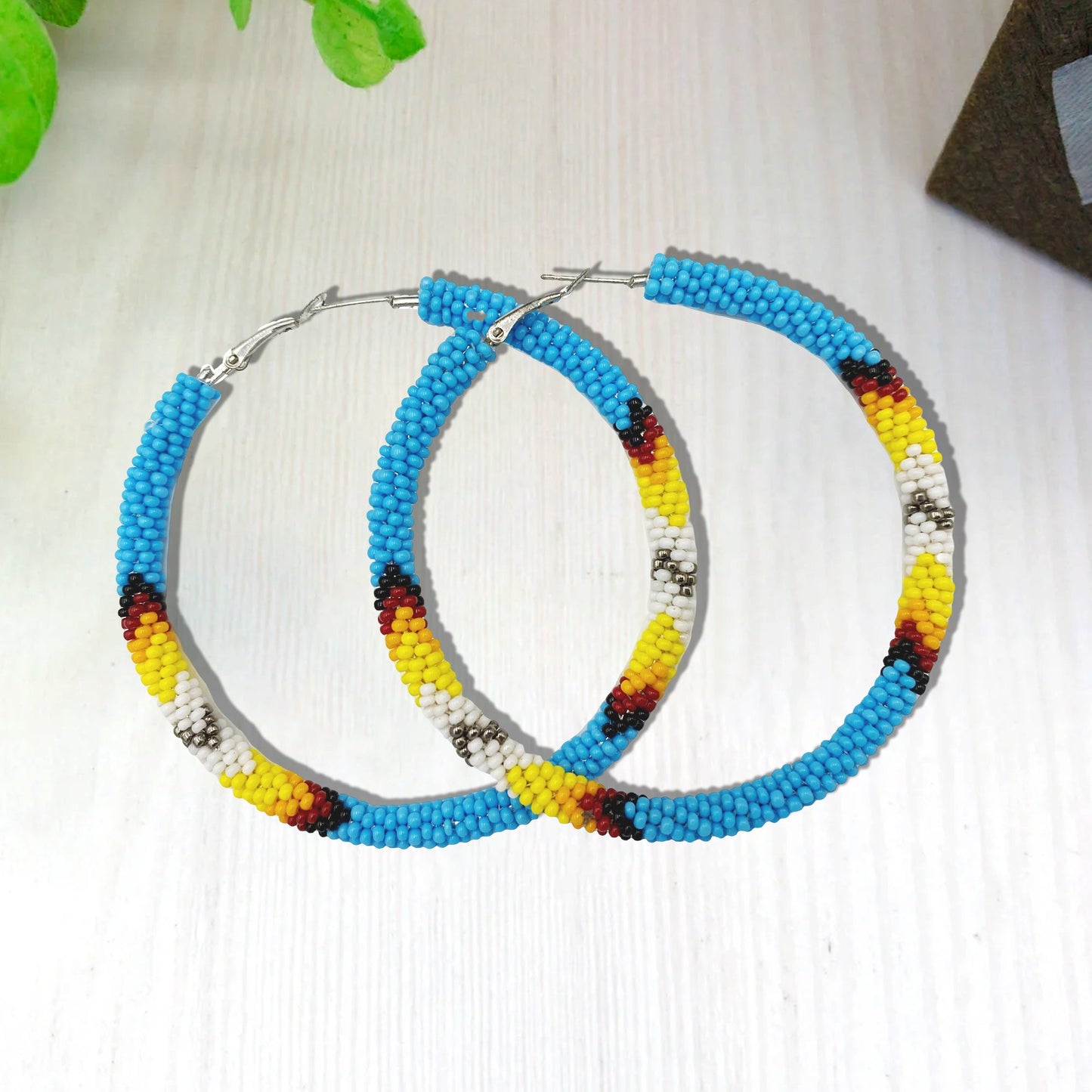 SALE 50% OFF - Cyan Blue 3-inch Hoop Pattern Beaded Handmade Earrings For Women