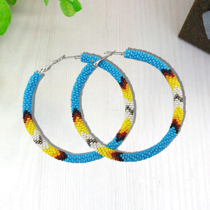 SALE 50% OFF - Cyan Blue 3-inch Hoop Pattern Beaded Handmade Earrings For Women