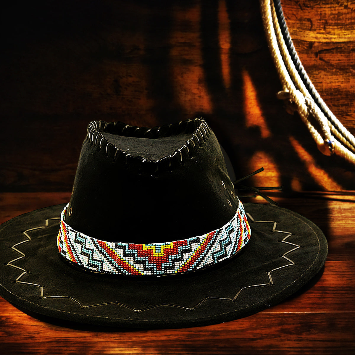 SALE 50% OFF -Handmade beaded Geometric White Multi-Colored loom Cowboy style Hatband IBL