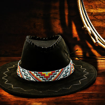 SALE 50% OFF -Handmade beaded Geometric White Multi-Colored loom Cowboy style Hatband IBL