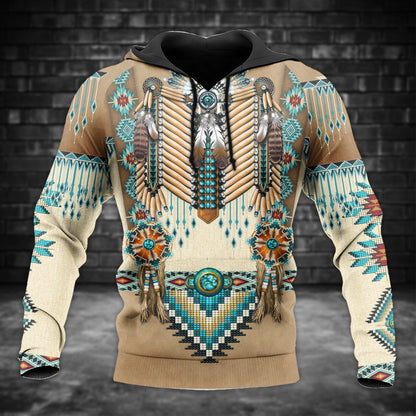 Tribal Beaded Headdress Hoodie – Turquoise & Feather Pattern