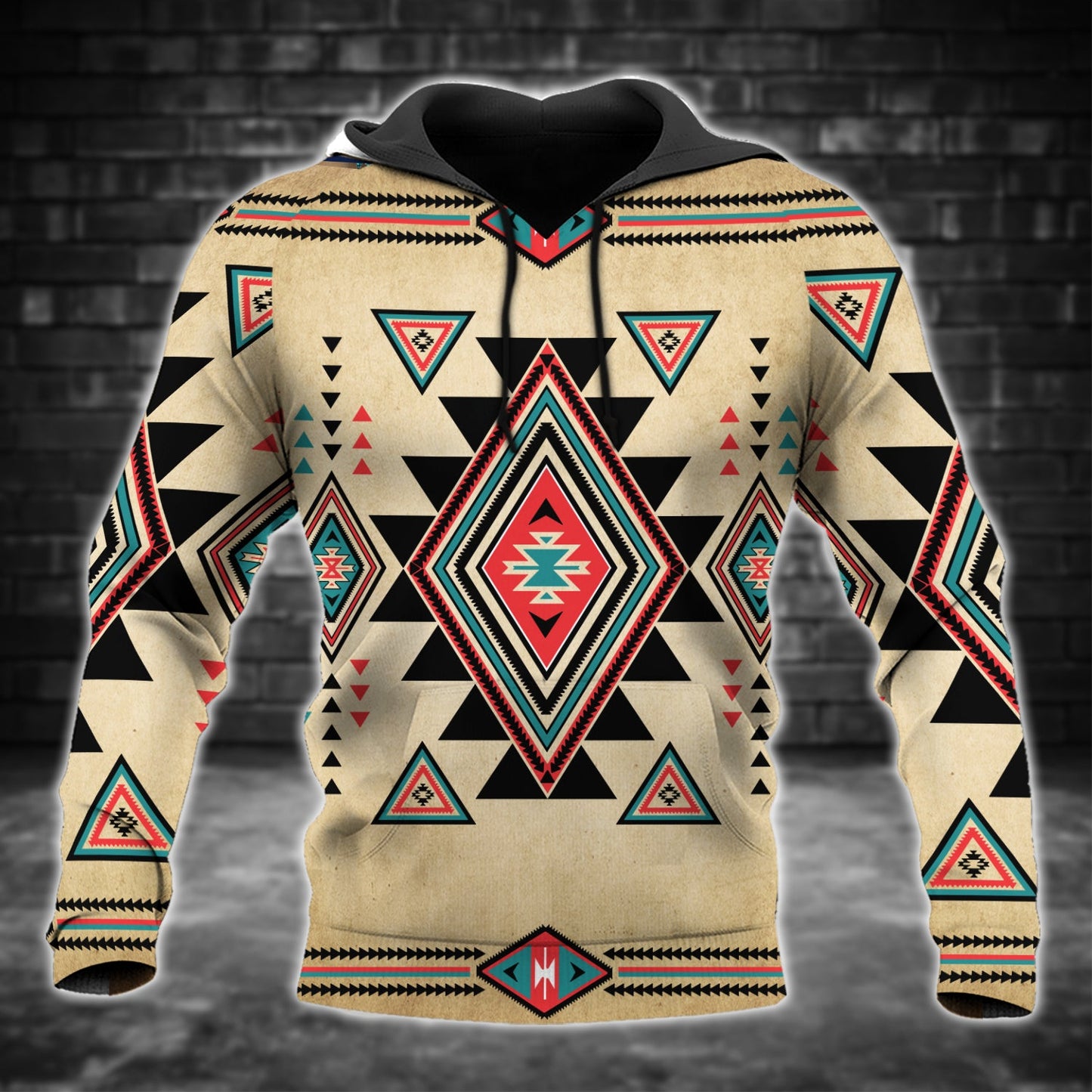 Native Geometric Print Hoodie – Desert Tones & Tribal Vibes