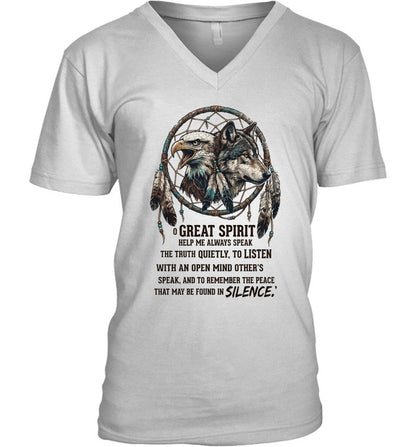 GREAT SPIRIT HELP ME ALWAYS SPEAK THE TRUTH QUIETLY, TO LISTEN WITH AN OPEN MIND OTHER'S SPEAK. AND TO REMEMBER THE PEACE THAT MAY BE FOUND IN SILENCE.