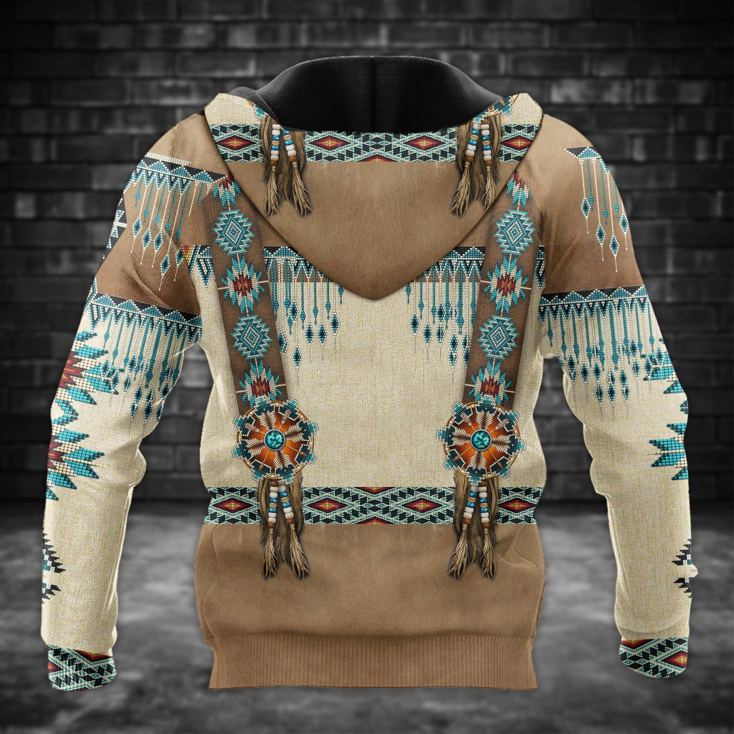 Tribal Beaded Headdress Hoodie – Turquoise & Feather Pattern