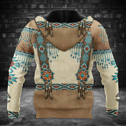 Tribal Beaded Headdress Hoodie – Turquoise & Feather Pattern