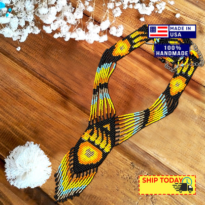 SALE 50 %OFF - Orange Black Fire Seed Beaded Necklace Earrings  Bear Paw Beadwork