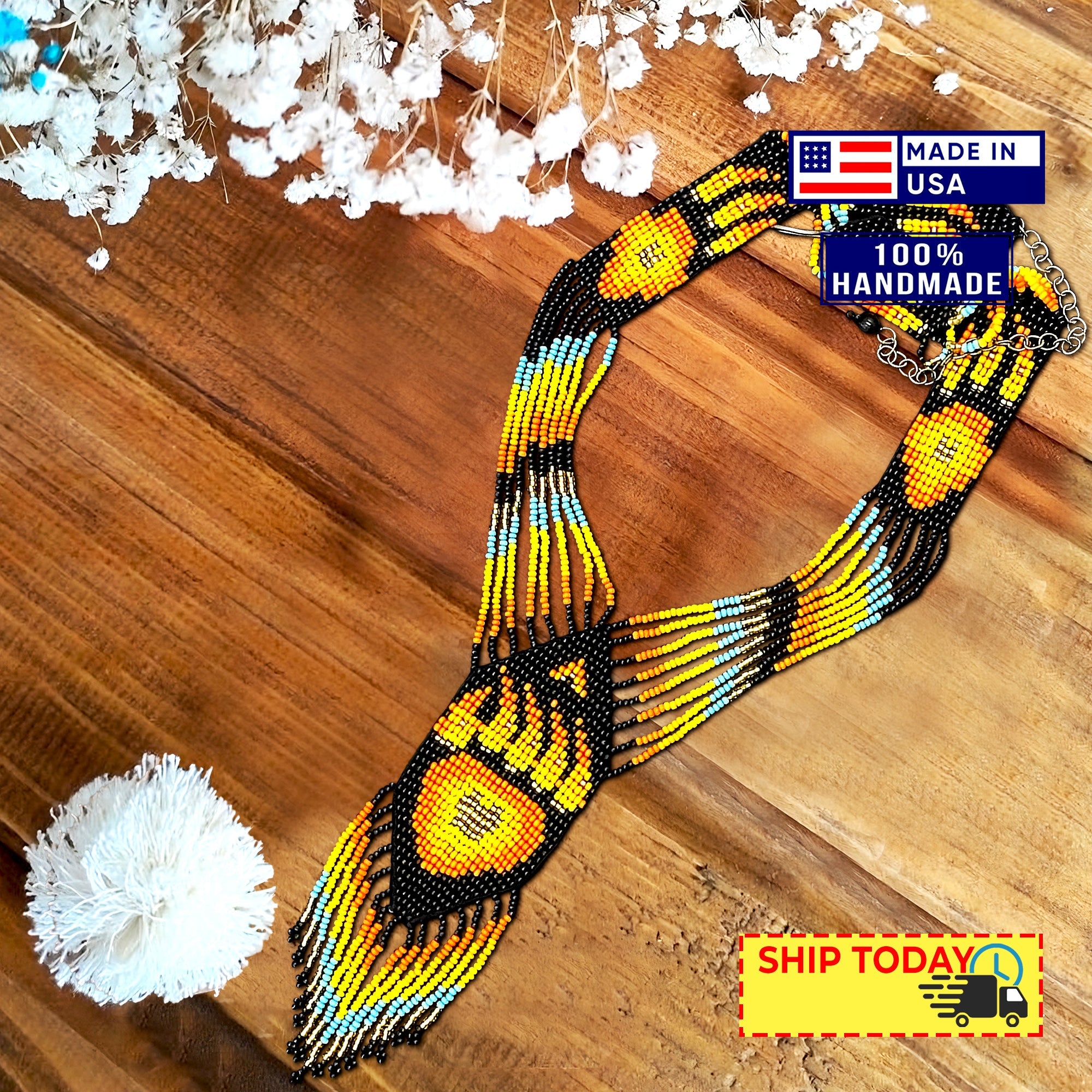 SALE 50 %OFF - Orange Black Fire Seed Beaded Necklace Earrings  Bear Paw Beadwork