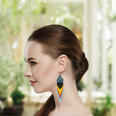 SALE 50% OFF - Black Multicolored Long Pattern Beaded Handmade Earrings For Women