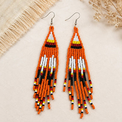 SALE 50% OFF -Orange Hope - Beaded Fringe Earrings, Handmade Orange Seed Bead