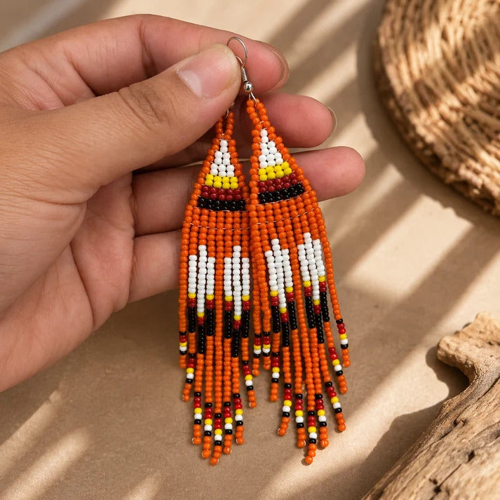 SALE 50% OFF -Orange Hope - Beaded Fringe Earrings, Handmade Orange Seed Bead