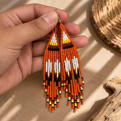 SALE 50% OFF -Orange Hope - Beaded Fringe Earrings, Handmade Orange Seed Bead