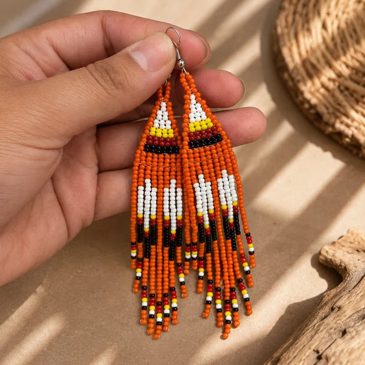 SALE 50% OFF -Orange Hope - Beaded Fringe Earrings, Handmade Orange Seed Bead