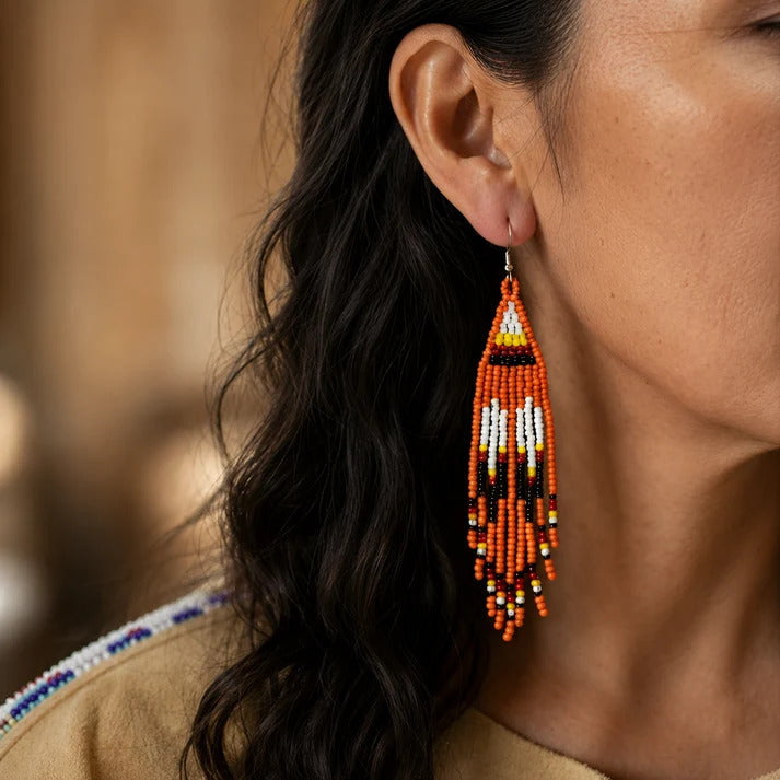 SALE 50% OFF -Orange Hope - Beaded Fringe Earrings, Handmade Orange Seed Bead