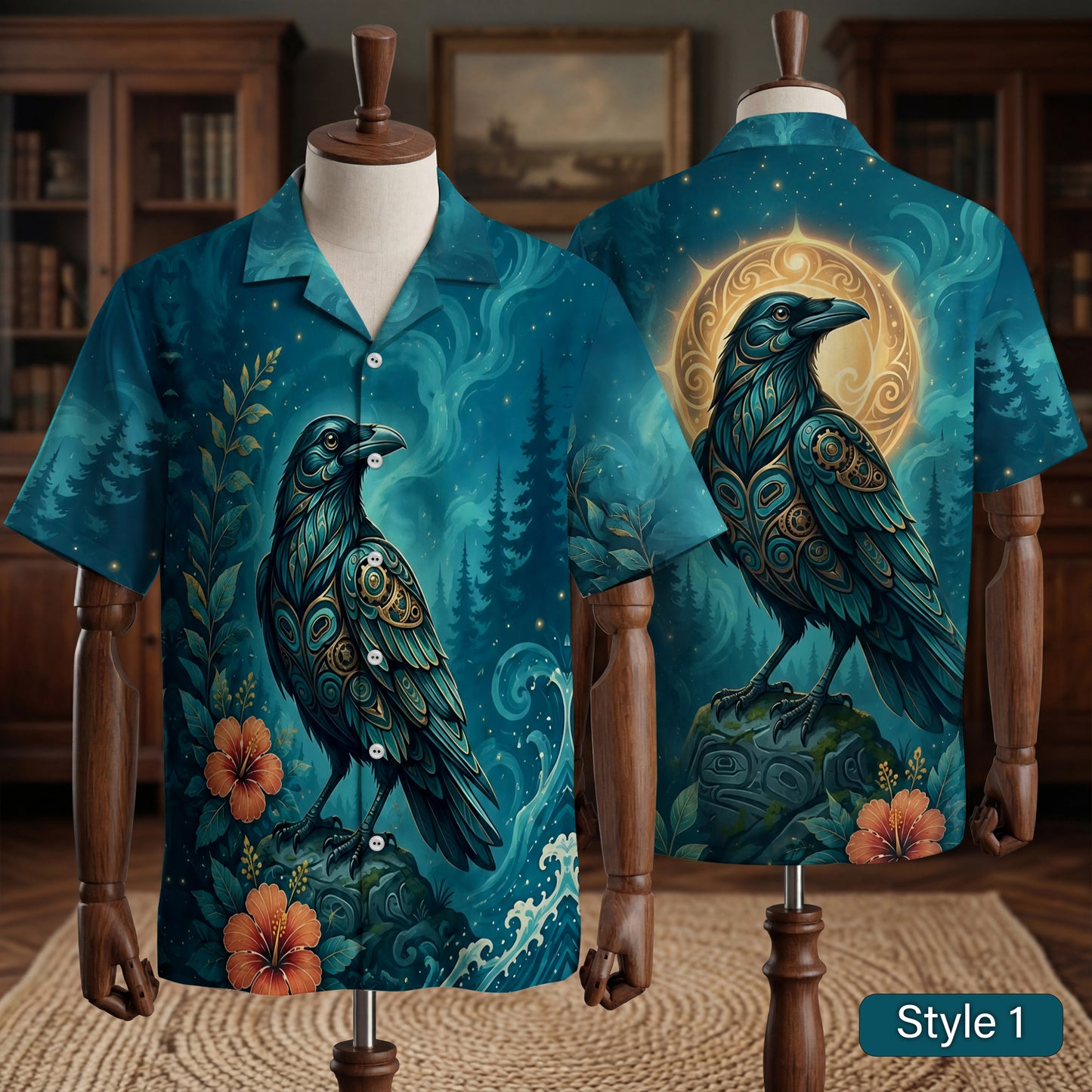 Native Raven Haida Pattern Hawaiian Shirt for Adults & Kids