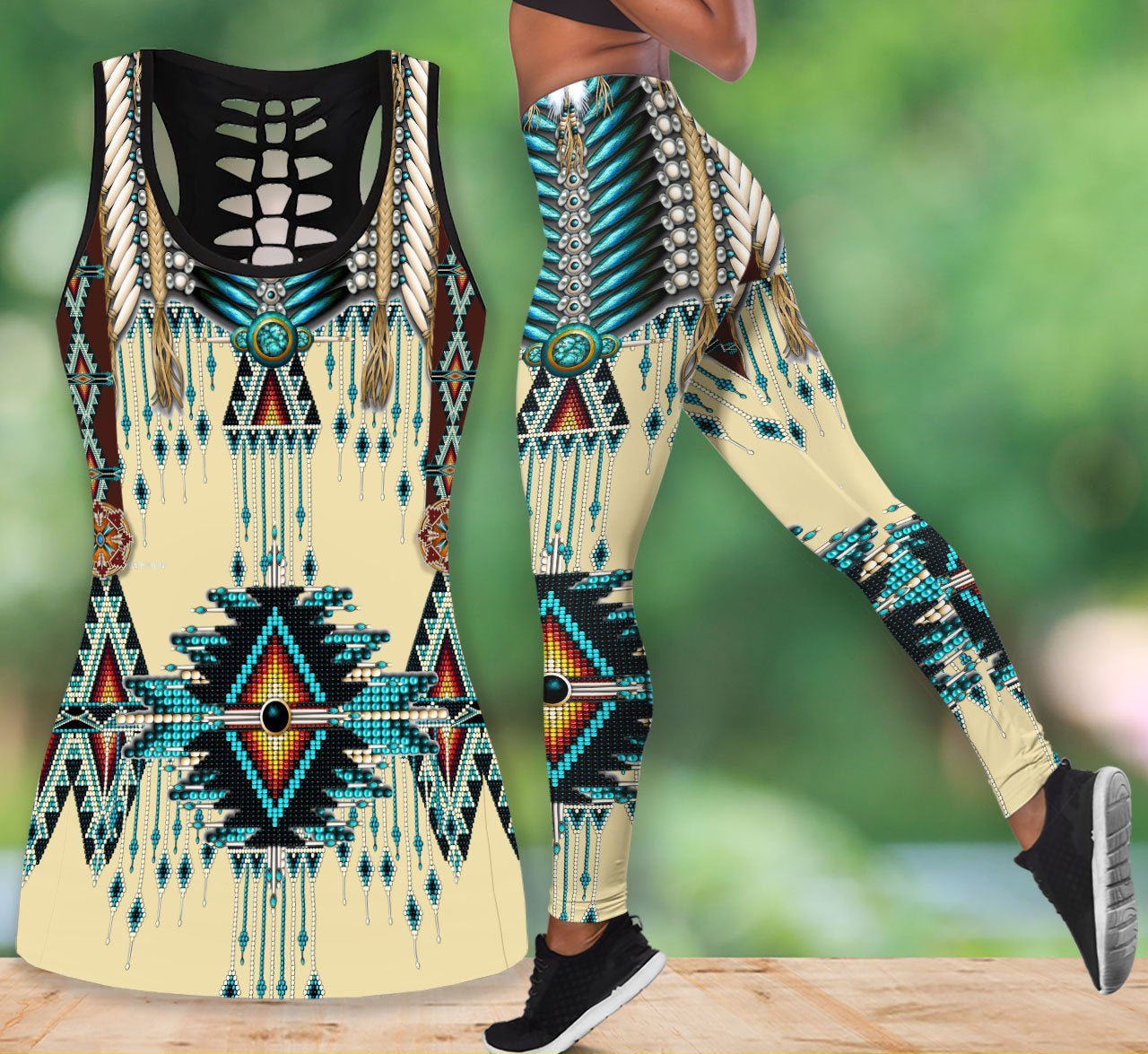 Turiquoise Native Indian Pattern Feather Tank Top & Legging Set 16 WCS
