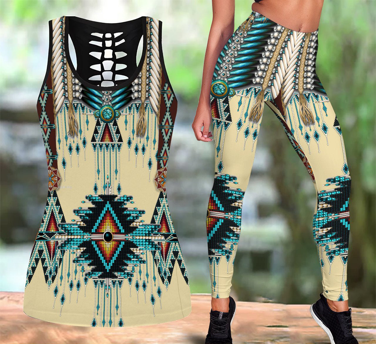 Turiquoise Native Indian Pattern Feather Tank Top & Legging Set 16 WCS