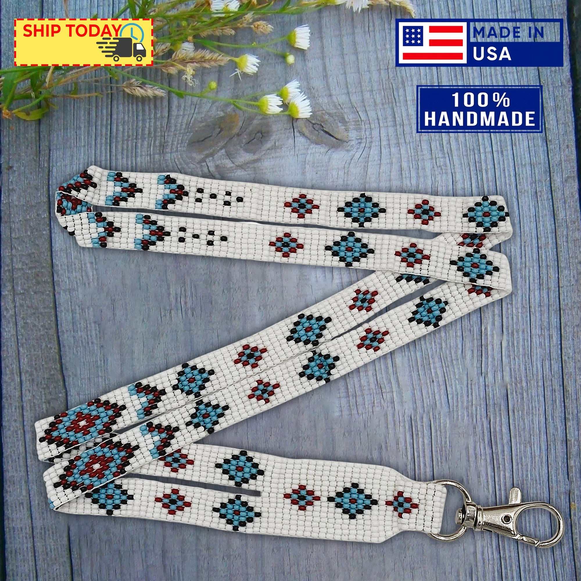 SALE 50% OFF - White Blue Red Beaded Id Holder Lanyard Beadwork