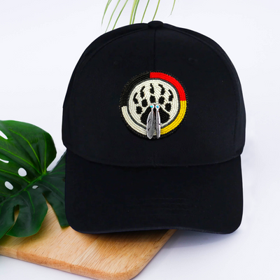 SALE 50% OFF - Paw Bear Baseball Cap With Beaded Patch Cotton Unisex Native American Style