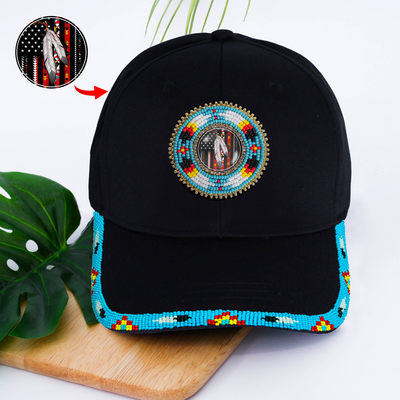 SALE 50% OFF - Flag Feather Baseball Cap With Patch And Brim Cotton Unisex Native American Style