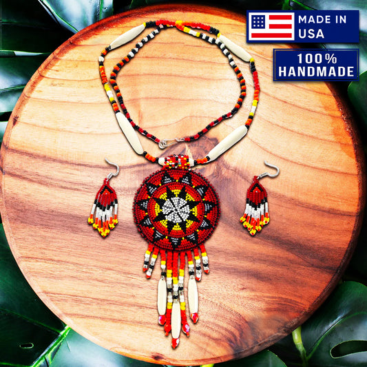 SALE 50 %OFF - Red Seed Beads Long Medallion Star Fire Color Beaded Necklace Earrings Set