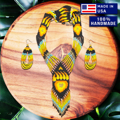 SALE 50 %OFF - Orange Black Fire Seed Beaded Necklace Earrings  Bear Paw Beadwork