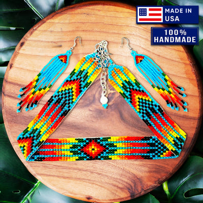 SALE 50 %OFF - Handmade Beaded Blue Orange Yellow Choker Necklace Earring Set