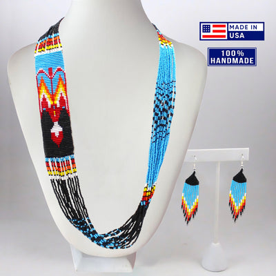 SALE 50% OFF - Handmade Necklace Earrings Set Layered Seed Beaded (Blue Eagle)