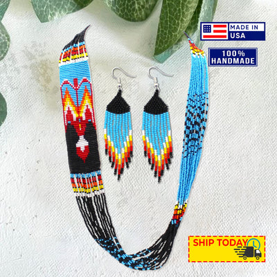 SALE 50% OFF - Handmade Necklace Earrings Set Layered Seed Beaded (Blue Eagle)