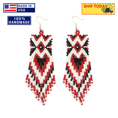 SALE 50% OFF - Red Black Long Beaded Handmade Earrings For Women