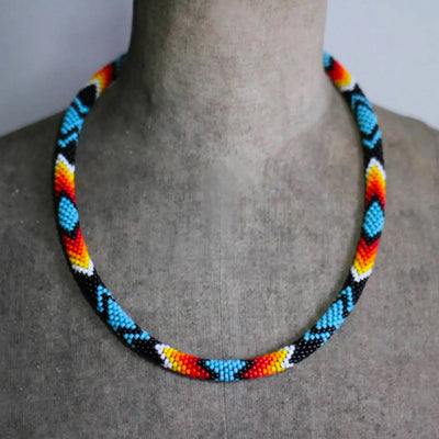 SALE 50% OFF - Unisex Dark Blue Pattern Beaded Handmade Necklace Native American Style