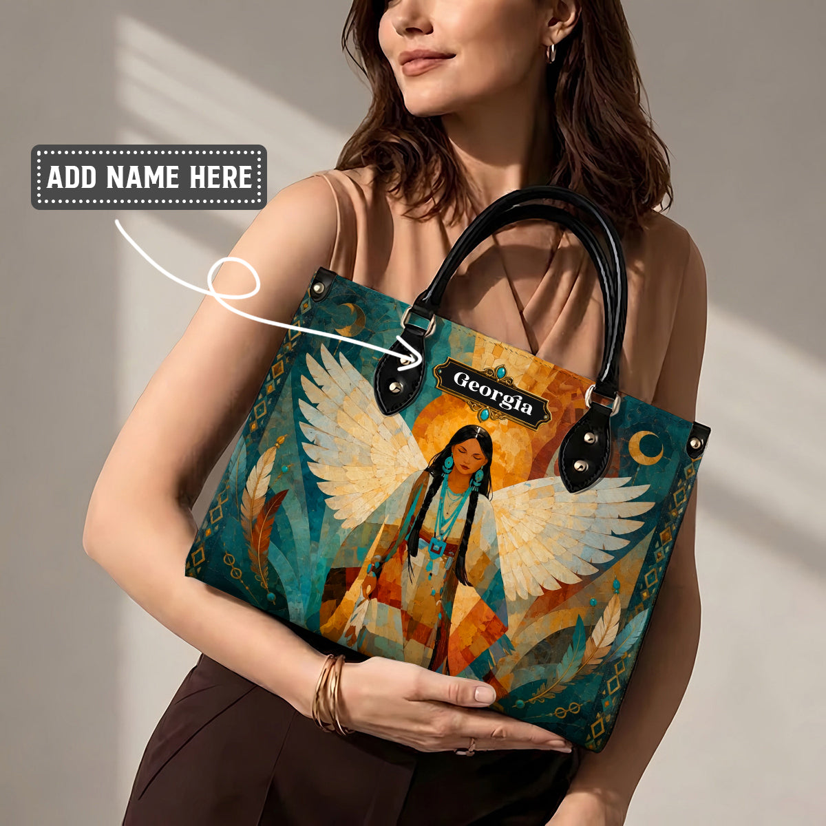 Radiant Feather Woman Personalized Leather Bag